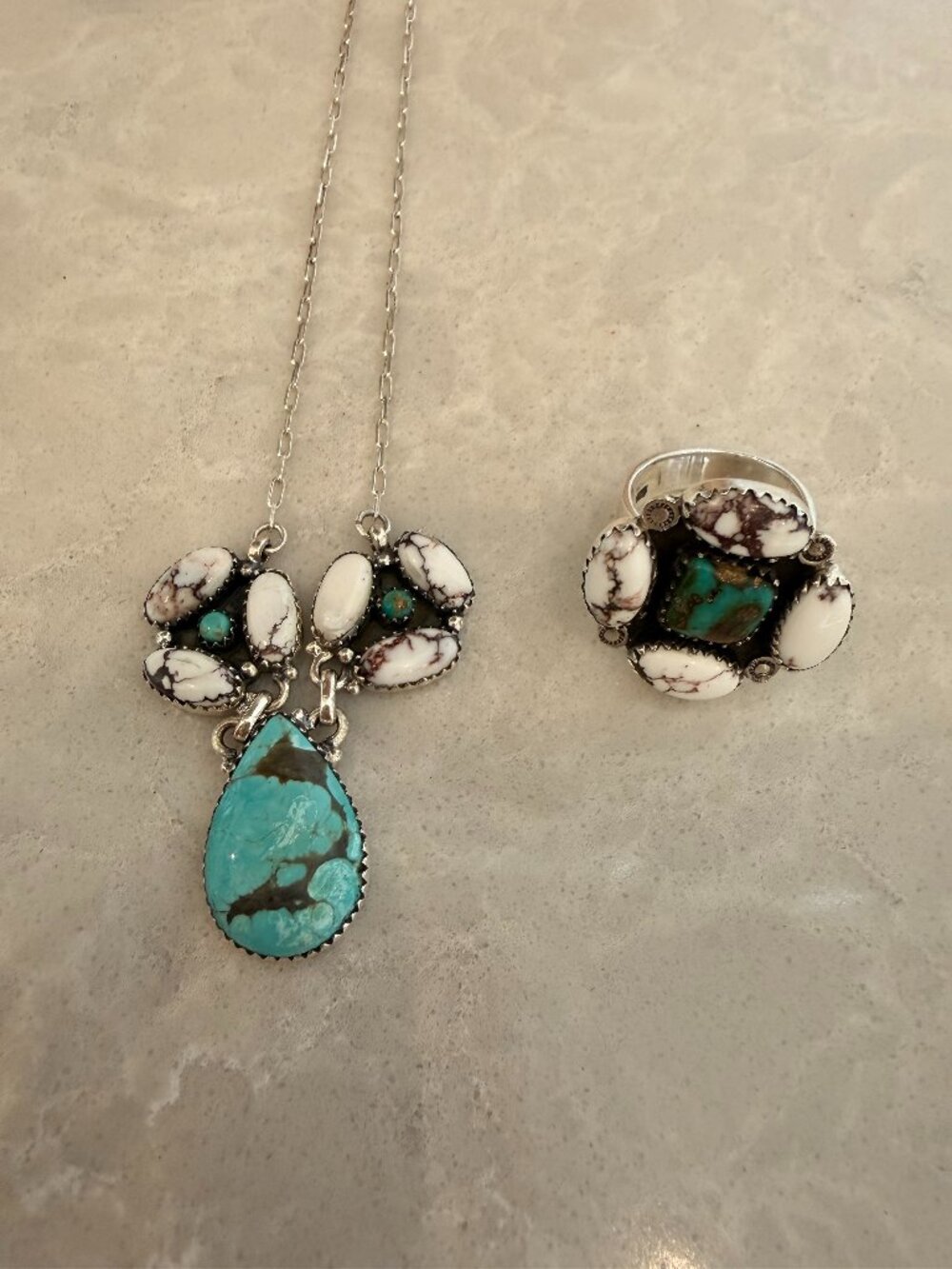 Genuine Sterling Silver Turquoise and Wild Horse Ring & Necklace Set